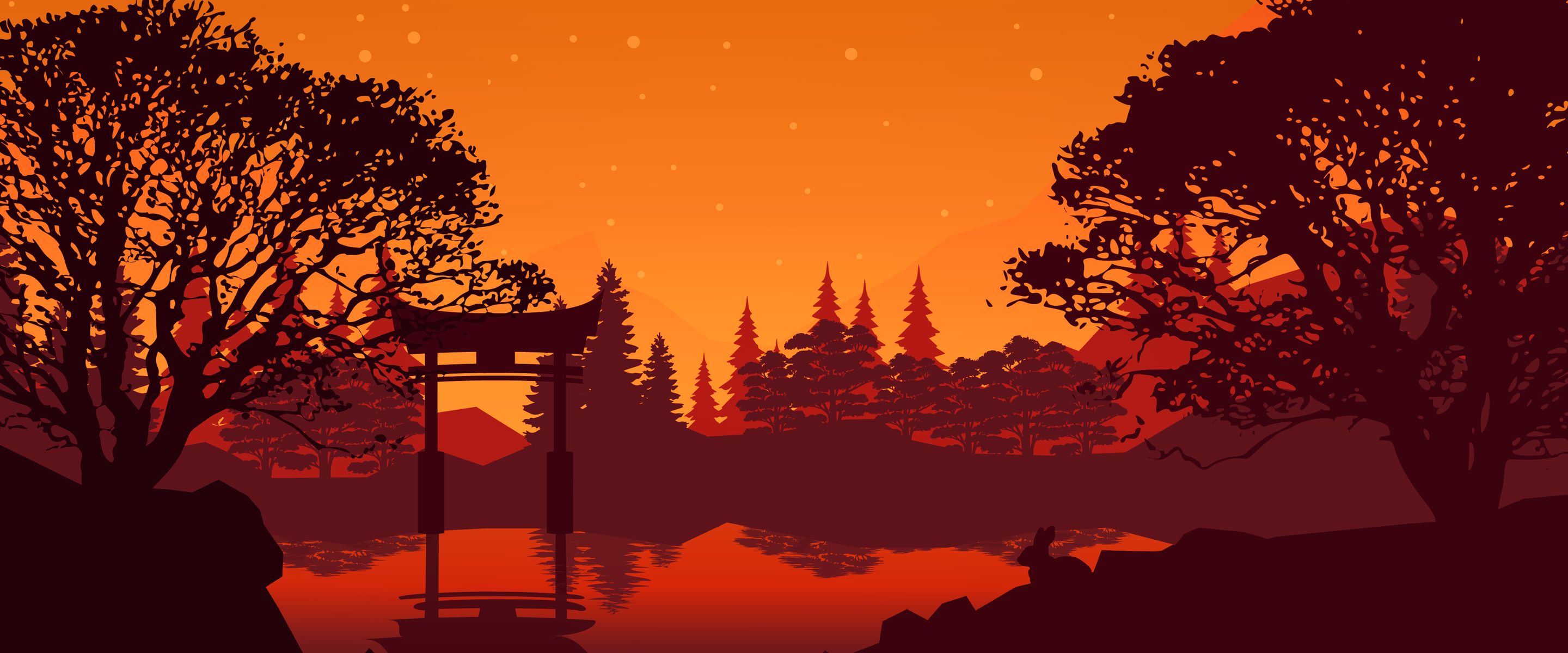 Artwork of forest skyline in warm red and orange
