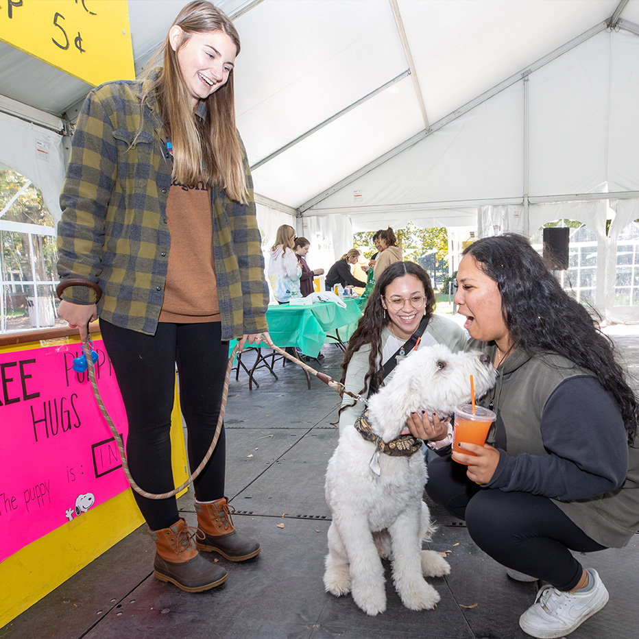Students petting dog and mental health booth
